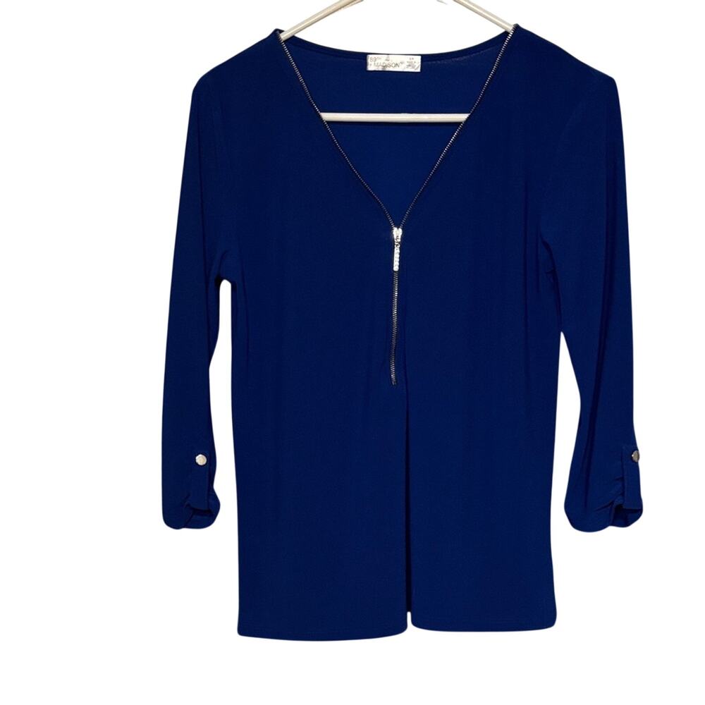 Cobalt Blue Blouse Zip Neck 3/4 Sleeve Polished Workwear Top 89th & Madison -S